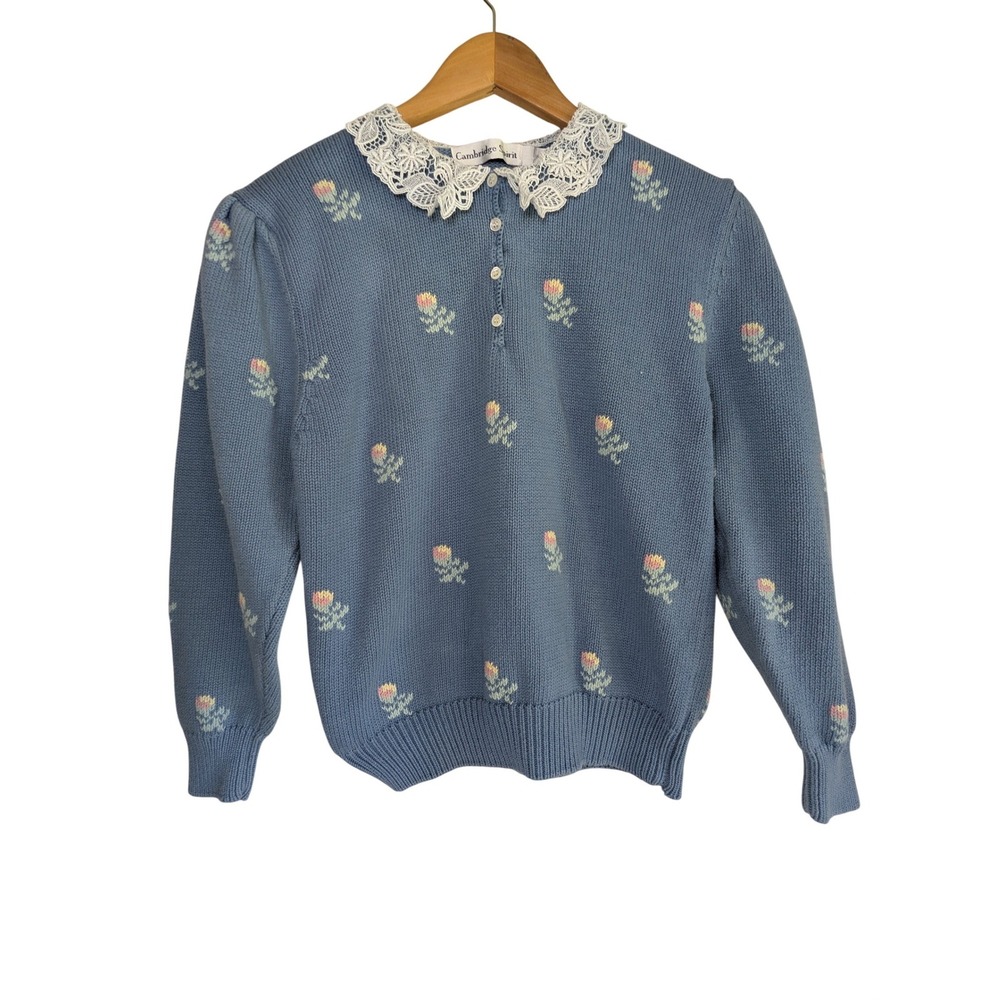 Cambridge Spirit VTG Cottagecore Floral Knit Henley Sweater M Blue Coquette 80s